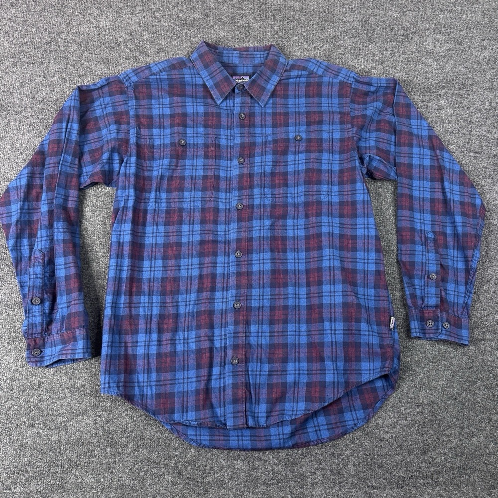 Patagonia Lightweight Flannel Shirt Men Medium Blue Plaid Organic Cotton EUC